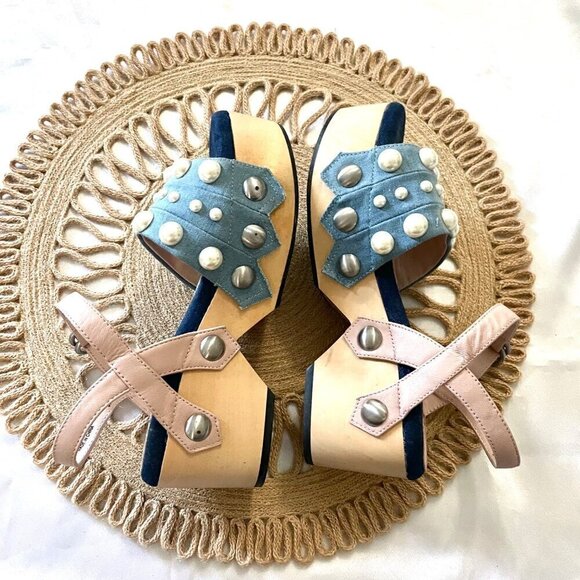 NWOT Clone Pink Pearl Detail Blue Denim Wooden Clog Sandals Size EU 37 - Picture 9 of 12